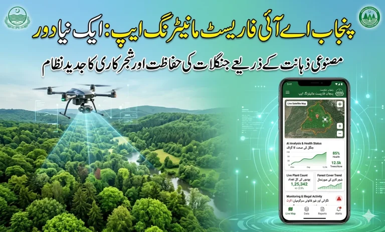 Punjab Government AI Forest Monitoring App 2026 digital dashboard with Urdu text showing satellite data and tree counts