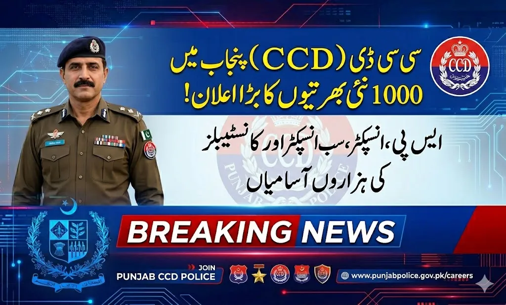 Official breakdown of 1000 new vacancies in CCD Punjab including SP, Inspector, and Constable posts