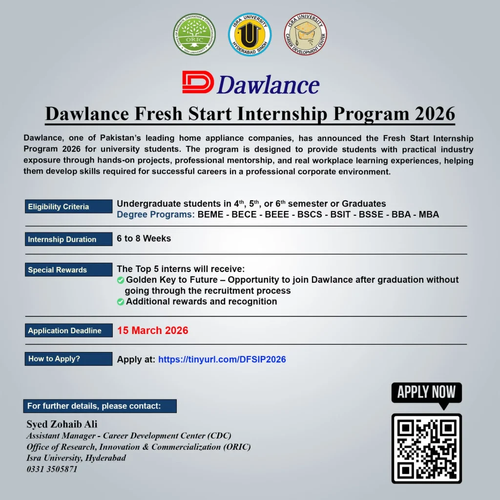 Dawlance Fresh Start Internship Program 2026 for university students and graduates in Pakistan with 6 to 8 weeks internship and application deadline 15 March 2026