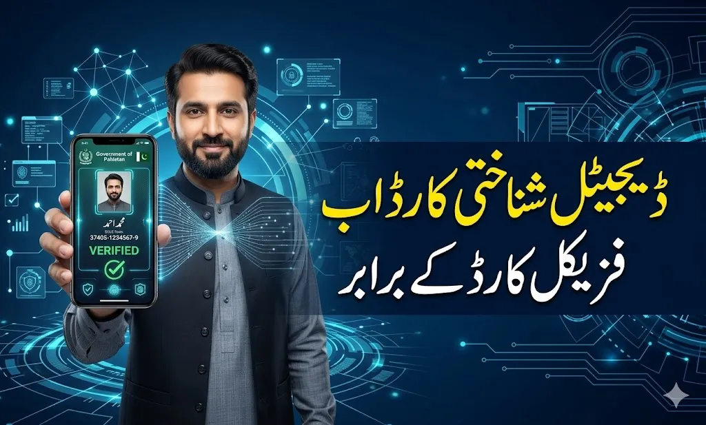 Pakistani citizen showing digital identity card on mobile phone with NADRA digital system concept