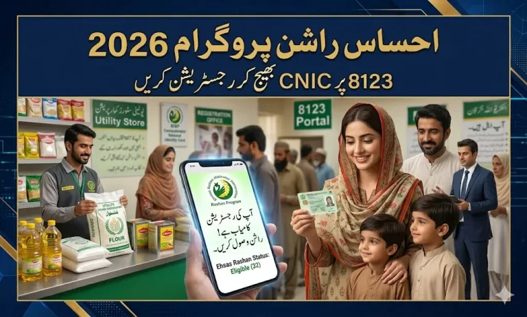 Pakistani family receiving subsidized grocery items through Ehsaas Rashan Program 2026.