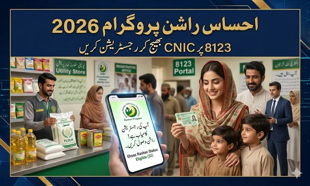 Pakistani family receiving subsidized grocery items through Ehsaas Rashan Program 2026.