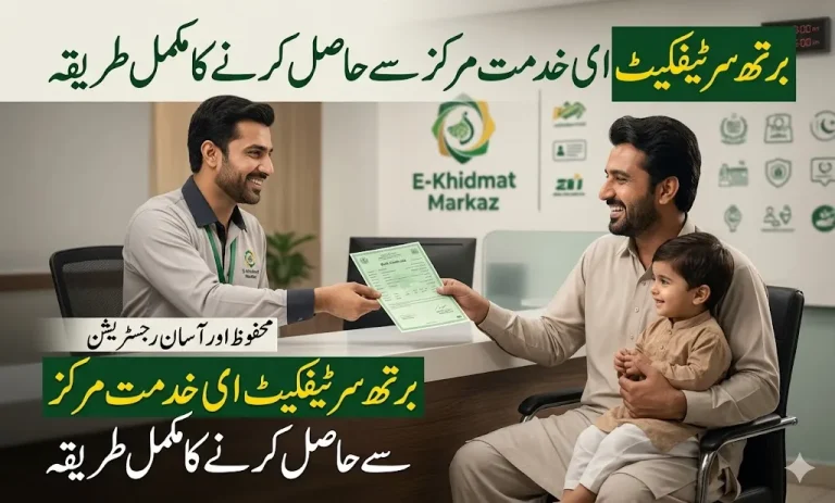 Official process to get a computerized Birth Certificate from e Khidmat Markaz in Punjab Pakistan with an Urdu headline