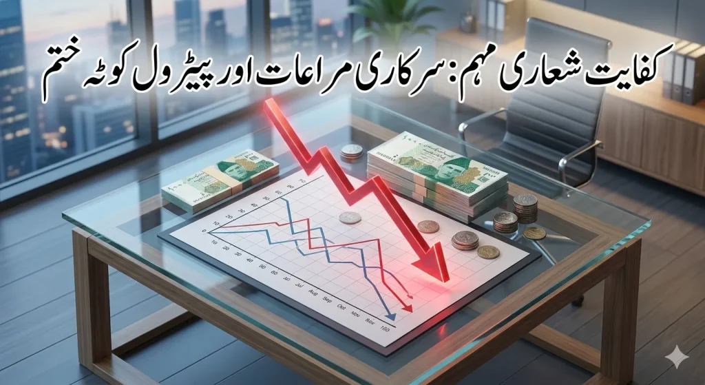 Official news graphic showing Pakistani Rupee notes with Urdu text overlay regarding the reduction of salaries and fuel quotas for government officials to provide public relief.