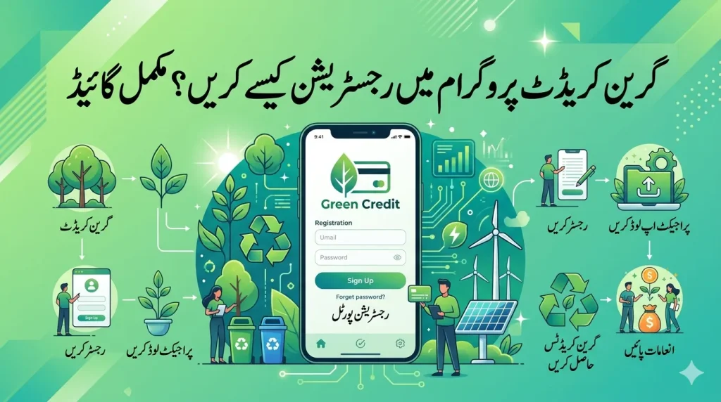 Illustration showing online registration process for CM Punjab Green Credit Program portal-2026