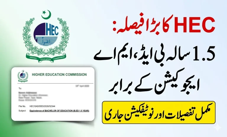 Official Higher Education Commission (HEC) Pakistan letterhead and notification confirming the equivalence of B.Ed (1.5 Year) degree to MA Education and M.Ed.