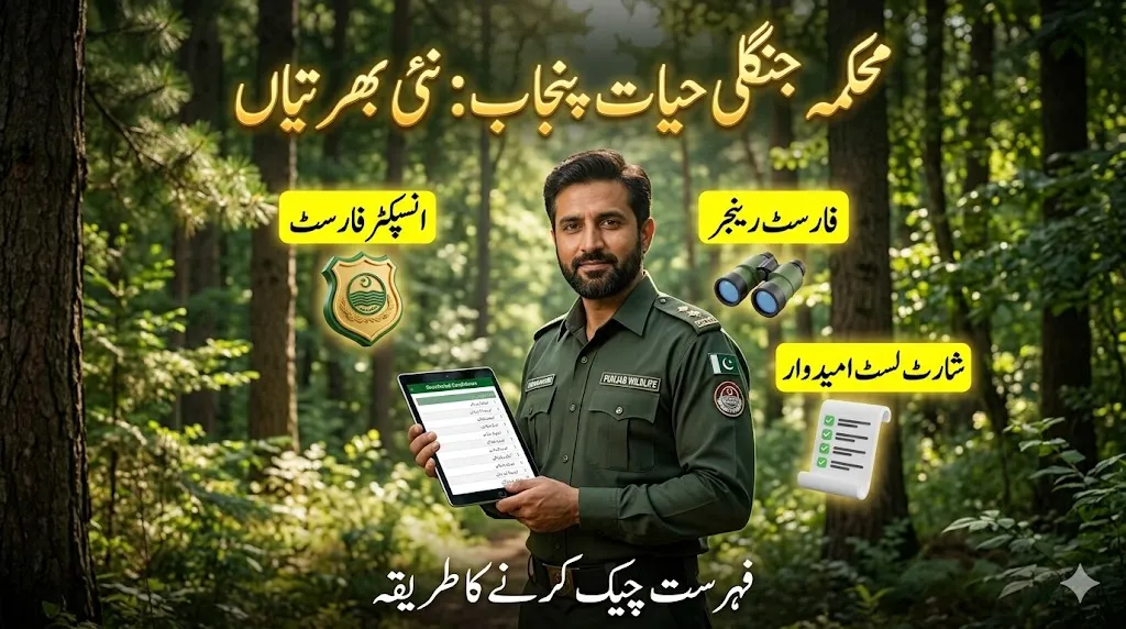 Official banner for Punjab Wildlife Department showing a forest officer and icons for Inspector and Ranger shortlisted candidates.