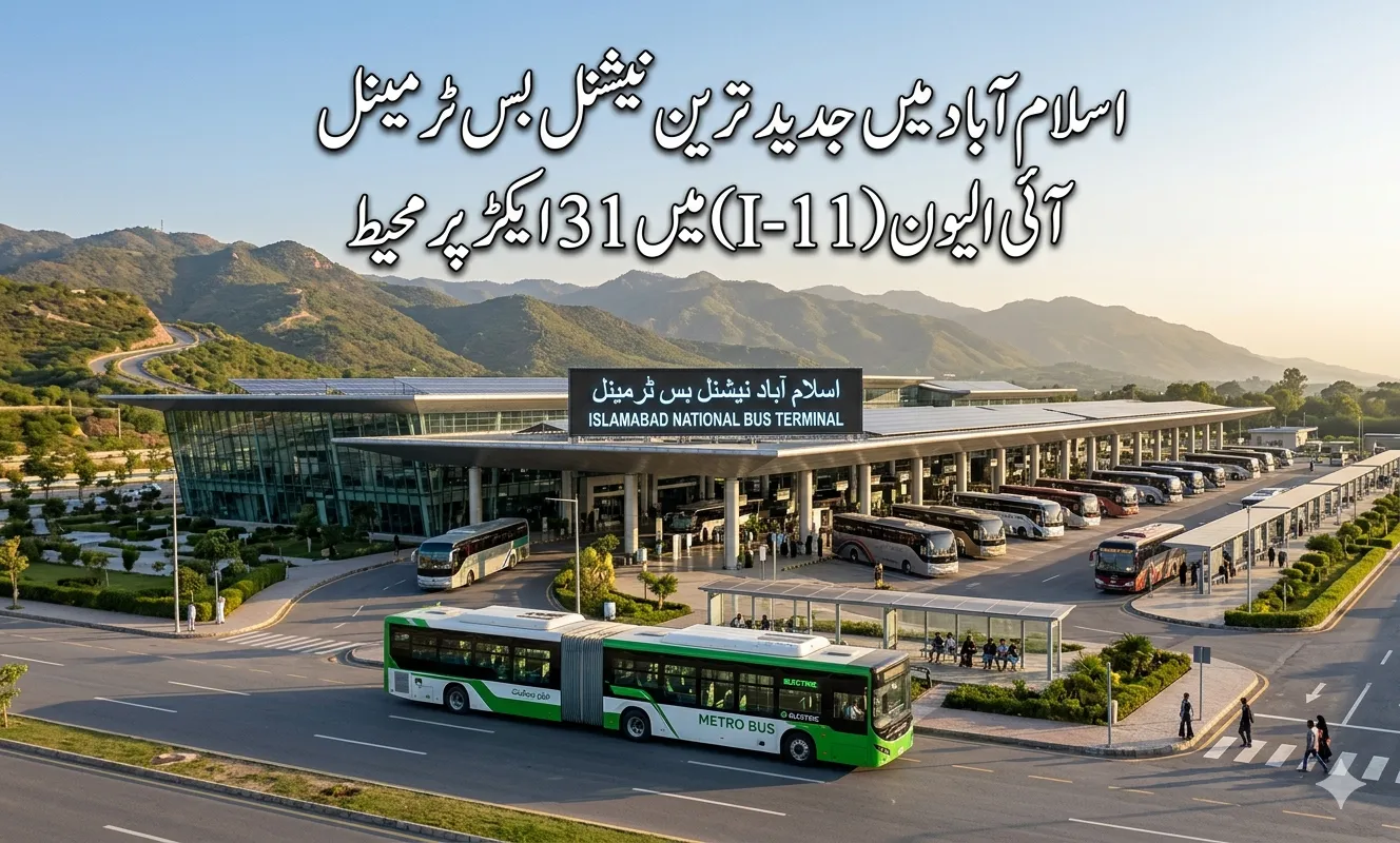 Islamabad National Bus Terminal future rendering Sector I-11 CDA mega project 2026 modern transport hub Pakistan luxury buses electric vehicle charging station Margalla Hills background