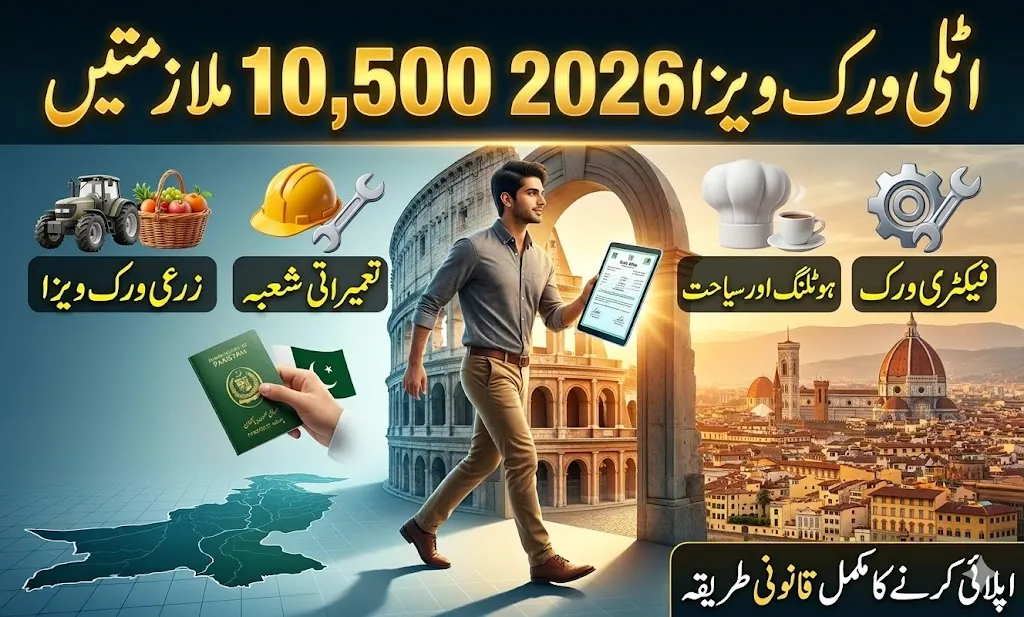 Infographic banner showing a Pakistani worker holding a Nulla Osta permit, surrounded by labels for Italy job sectors like Agriculture, Construction, and Hospitality under the 10,500 visa quota.