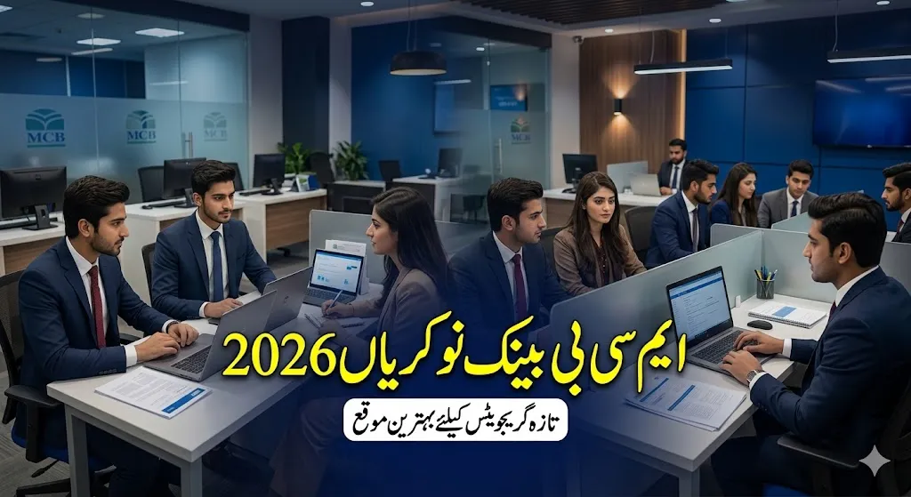 Pakistani graduates attending recruitment and training session for MCB bank jobs in a modern banking office environment.