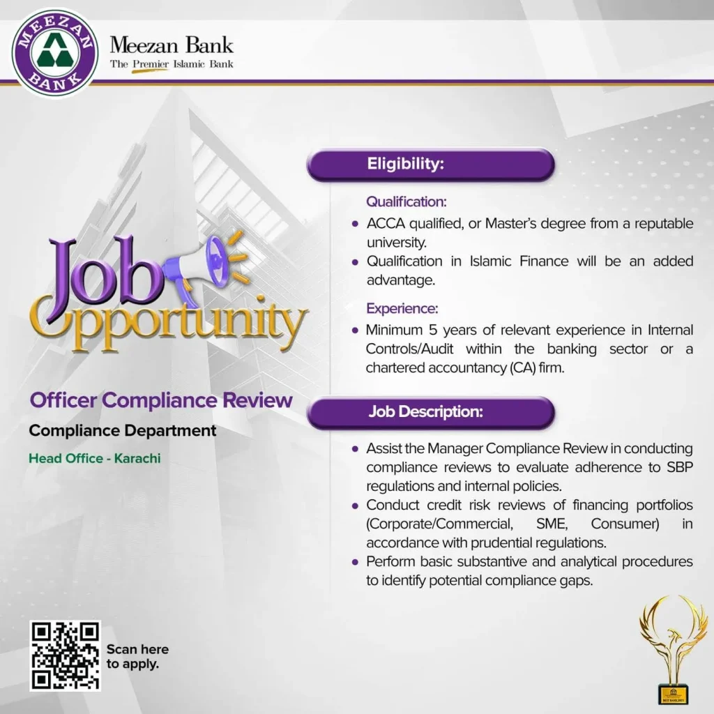 Meezan Bank job 2026 opportunity advertisement for Officer Compliance Review at Karachi Head Office showing eligibility criteria for ACCA and Master degree holders with 5 years experience