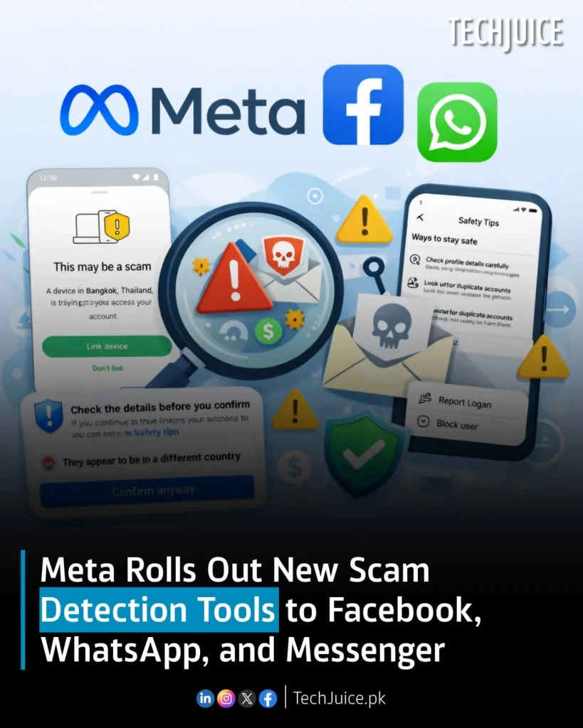 Smartphone showing scam warning notification on WhatsApp and Facebook as Meta launches new security features-2026