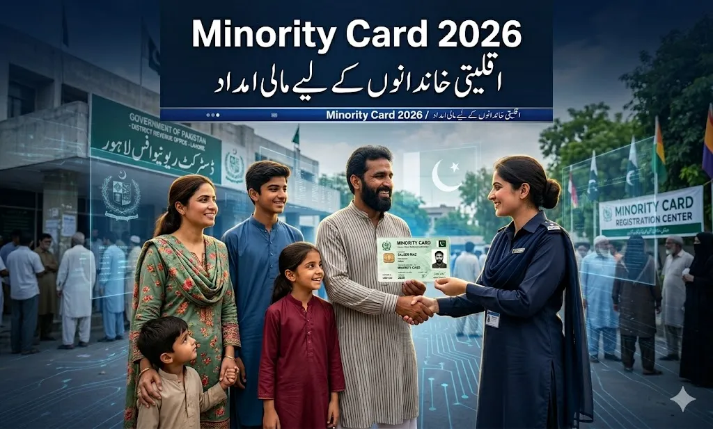 Pakistani minority family receiving Minority Card under Punjab government welfare program.