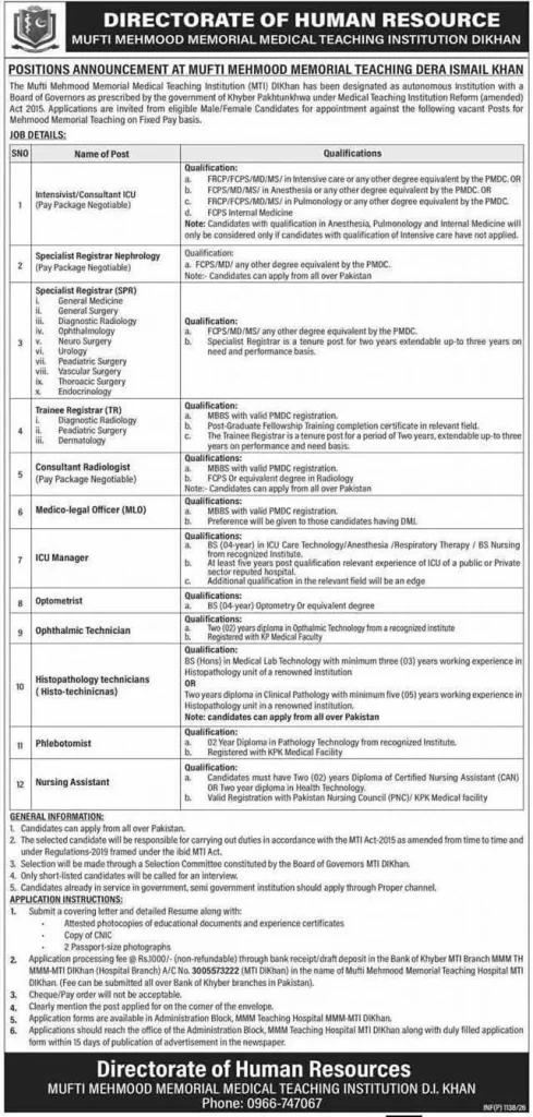 Job advertisement by Mufti Mehmood Memorial Medical Teaching Institution Dera Ismail Khan announcing multiple medical and healthcare vacancies including ICU consultant, specialist registrar, radiologist, ICU manager and nursing assistant.