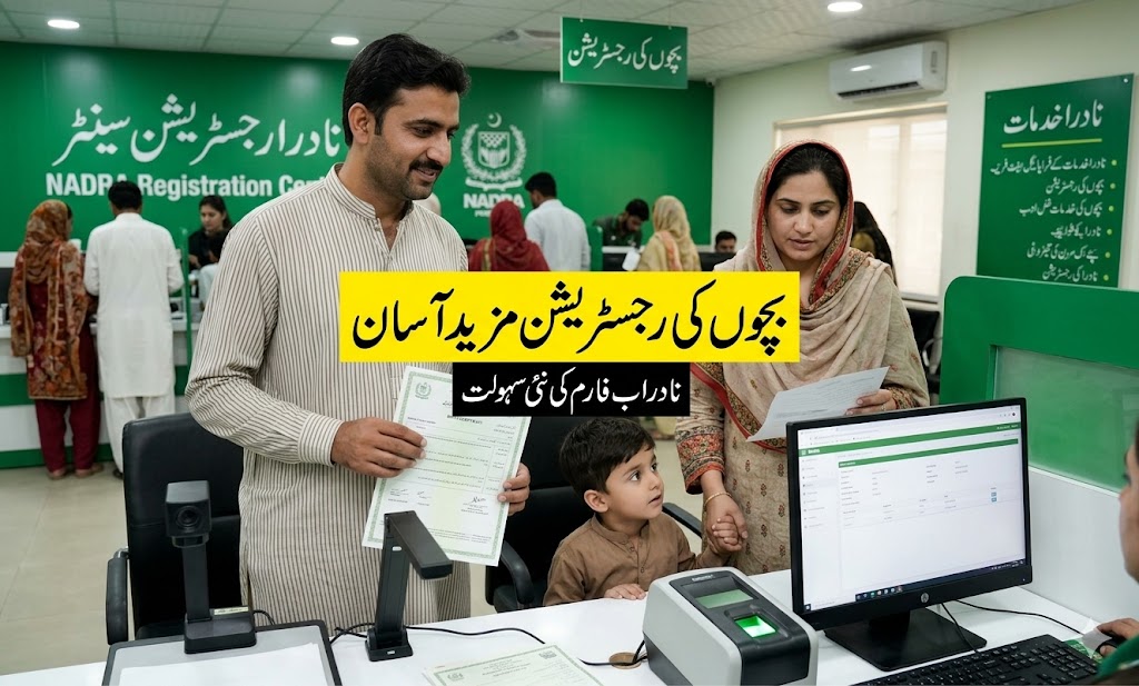 Pakistani parents visiting an e sahulat center to register their child for B form through NADRA service.