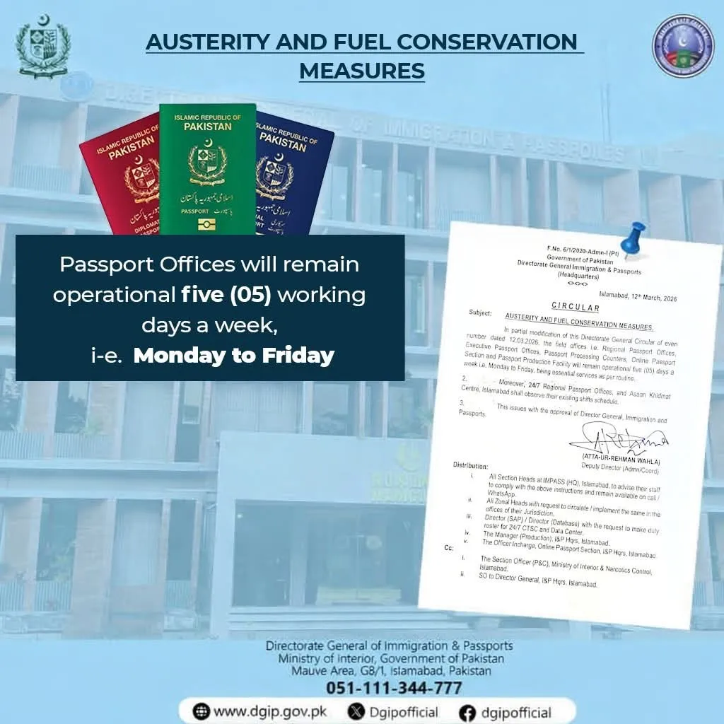 Pakistan passport offices will remain open five days a week Monday to Friday under austerity and fuel conservation measures announced by Directorate General of Immigration and Passports