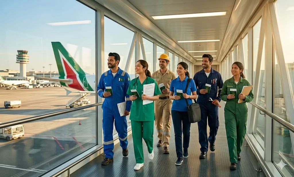 A group of Pakistani skilled workers holding passports and employment contracts, walking towards a plane at the airport, symbolizing safe migration to Italy.