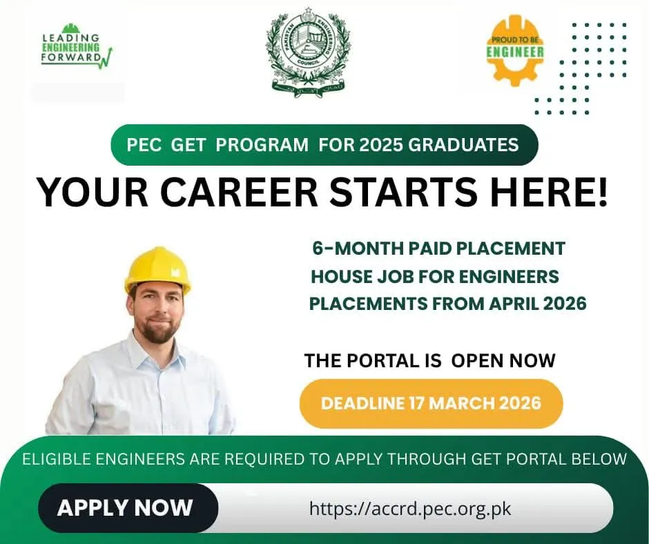 PEC GET Program 2026 announcement for engineering graduates offering a six-month paid placement starting April 2026 by Pakistan Engineering Council.
