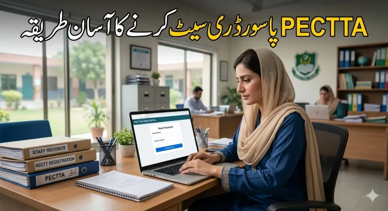 Teacher resetting password on PECTTA portal using laptop in school office environment-2026