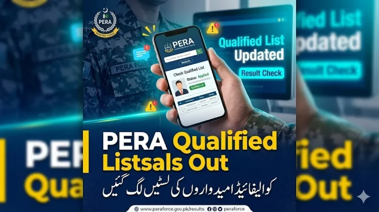 Official update for PERA Force jobs 2026 showing the qualified candidates list for Sergeant and Driver Sergeant physical tests results.