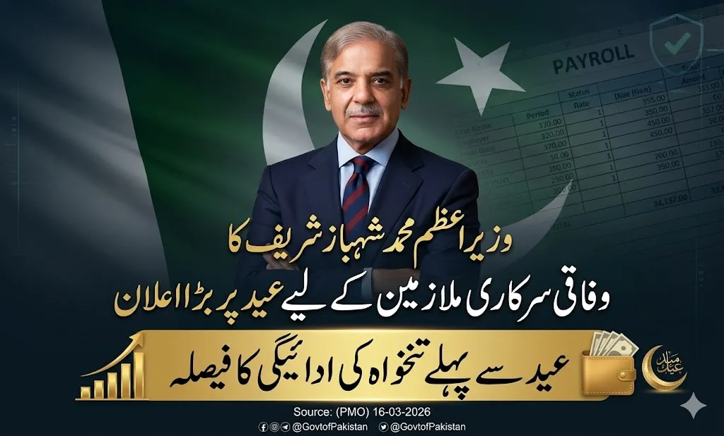 Official announcement by Prime Minister Shehbaz Sharif regarding early salary and pension disbursement for federal government employees of Pakistan before Eid ul Fitr 2026.