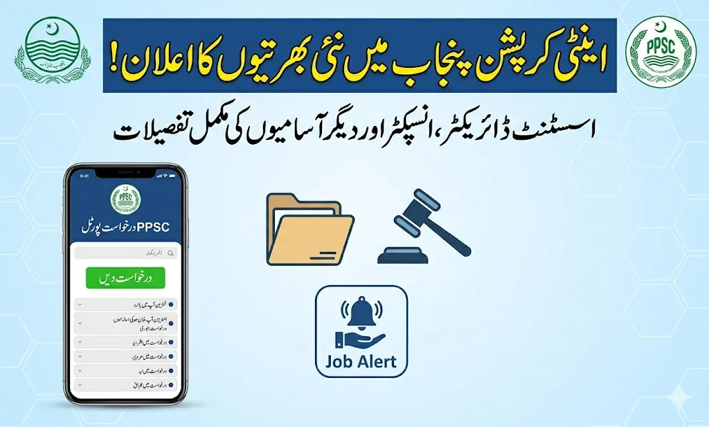 Official PPSC recruitment alert for Anti-Corruption Punjab jobs 2026 with Urdu text