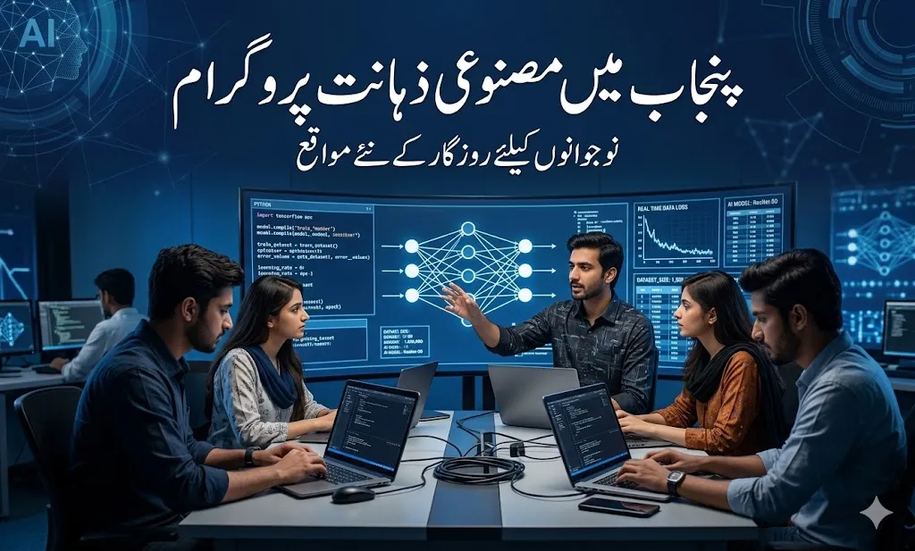 Pakistani students learning artificial intelligence and programming in a modern technology lab.