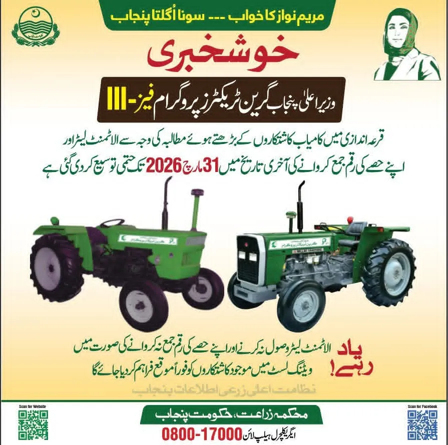 CM Punjab Green Tractor Scheme Phase 3 Deadline Extension 2026 Tractors Payment Submission Last Date Punjab Maryam Nawaz Sona Uglta Punjab Scheme Verification