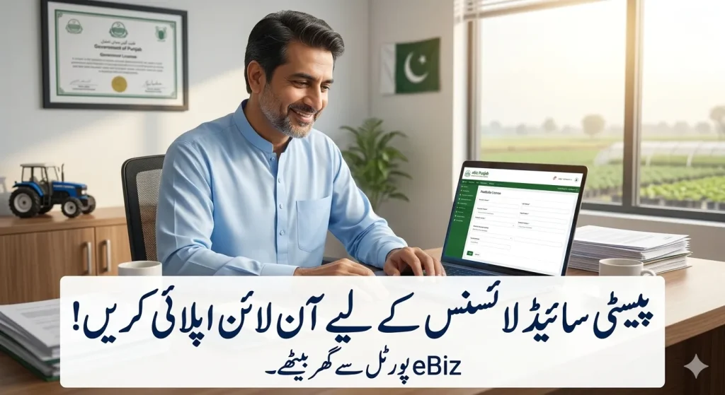 A professional agricultural dealer in Punjab using a laptop to apply for a pesticide license on the official eBiz Punjab government website.