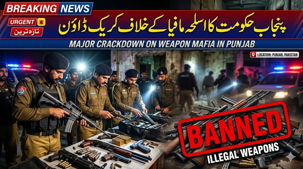 Punjab Police launching a large-scale operation to seize illegal firearms as part of the province-wide crackdown ordered by Maryam Nawaz in Punjab.