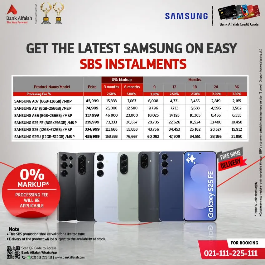 Latest Samsung Galaxy smartphones available on easy monthly installments through Bank Alfalah credit card offer-2026