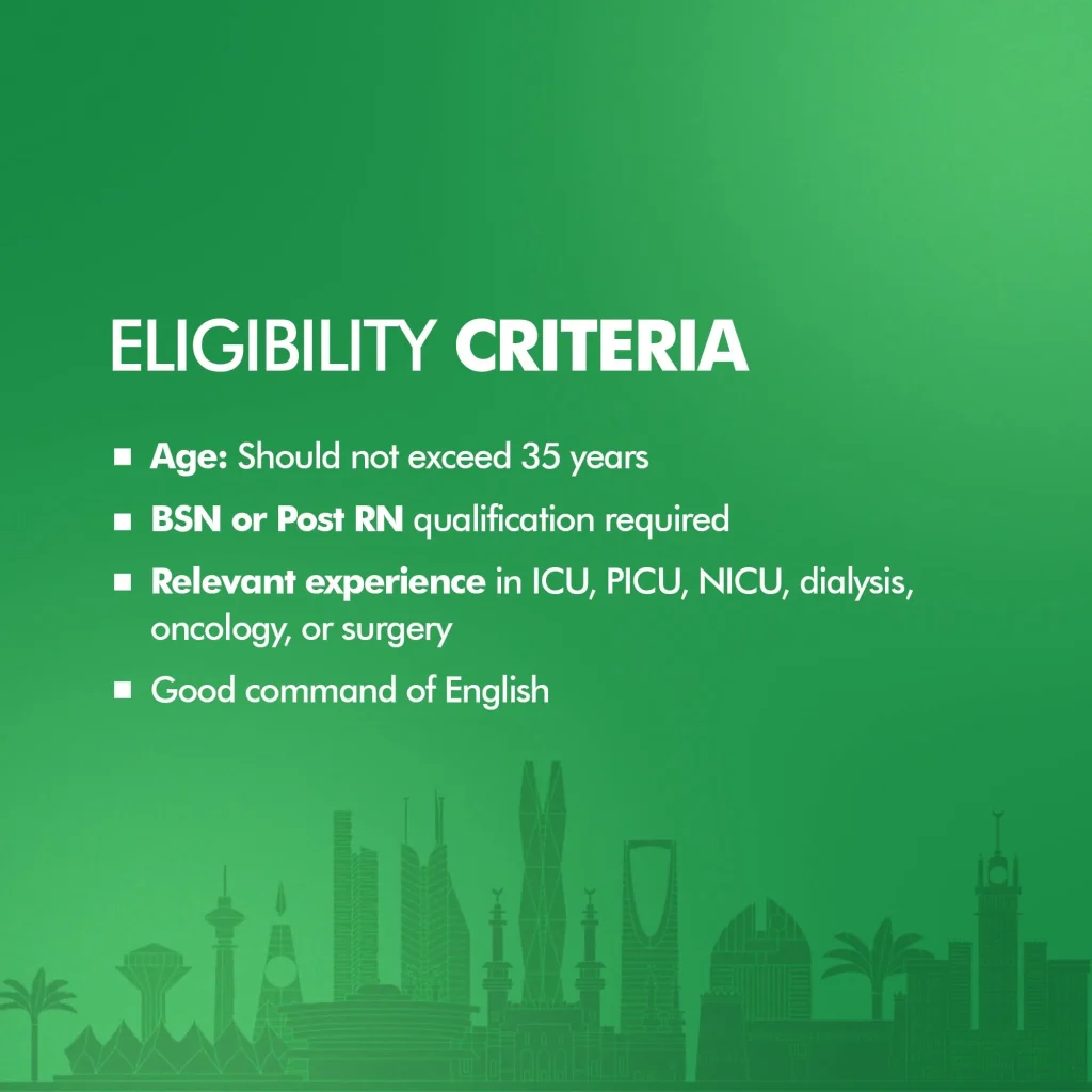 Eligibility criteria for Saudi Arabia nursing specialist jobs including BSN Post RN qualification and 35 years age limit under PSDF Tabeer program-2026