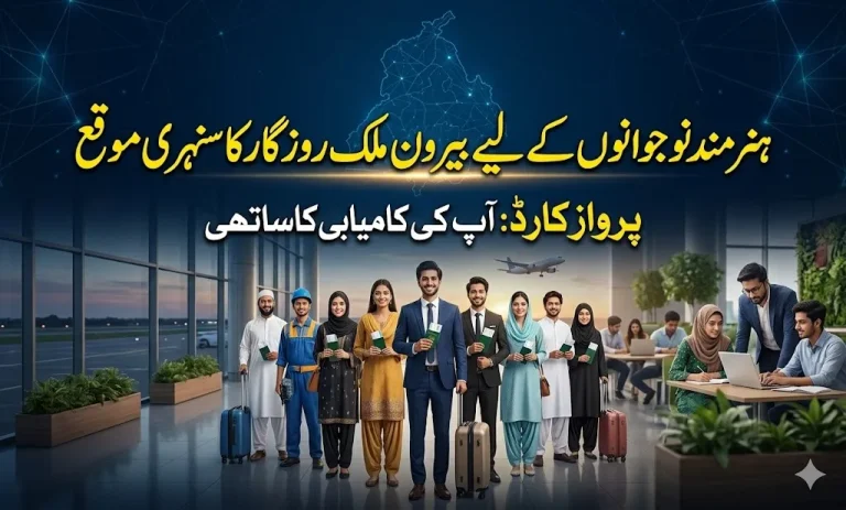 A professional dark blue background with glowing network lines and a map of Punjab, featuring Urdu text about the Parwaaz Card for interest-free visa loans.