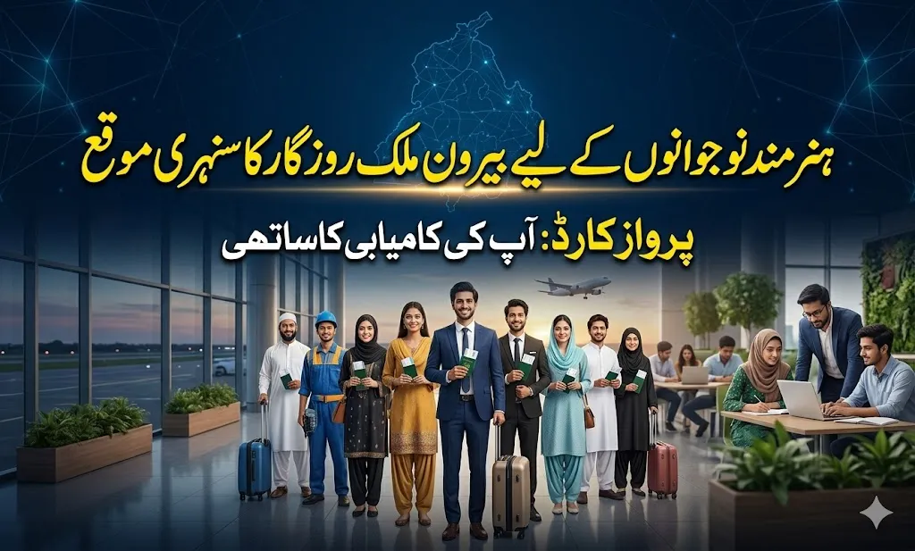 A professional dark blue background with glowing network lines and a map of Punjab, featuring Urdu text about the Parwaaz Card for interest-free visa loans.