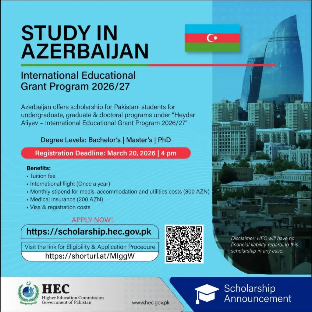Azerbaijan government scholarship program 2026 for Pakistani students offering fully funded study opportunities.