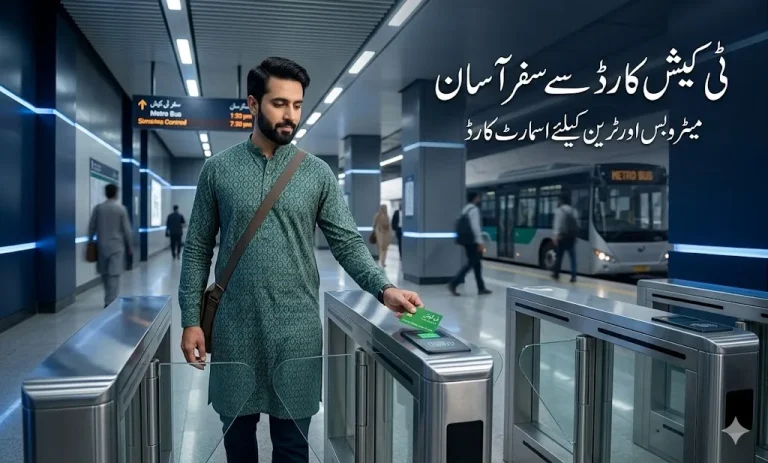 Pakistani commuter using T Cash smart transport card at metro station