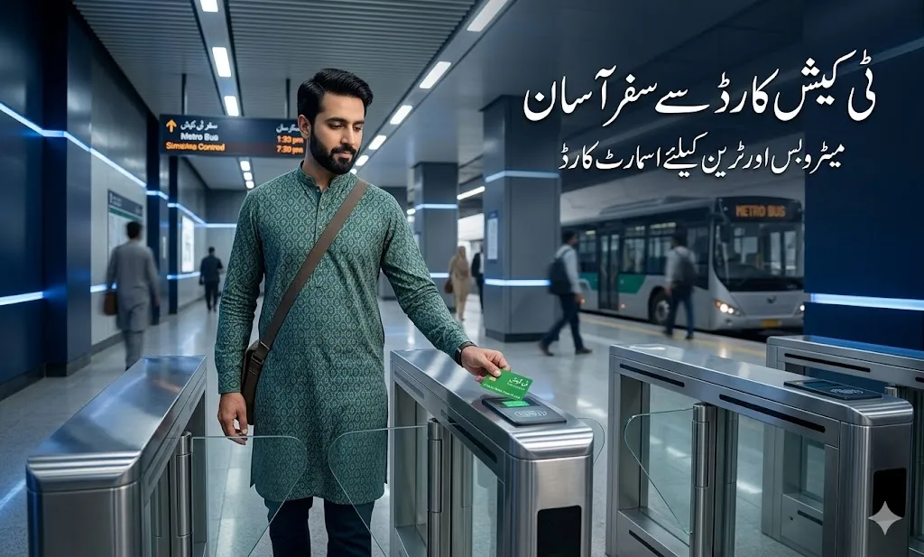 Pakistani commuter using T Cash smart transport card at metro station