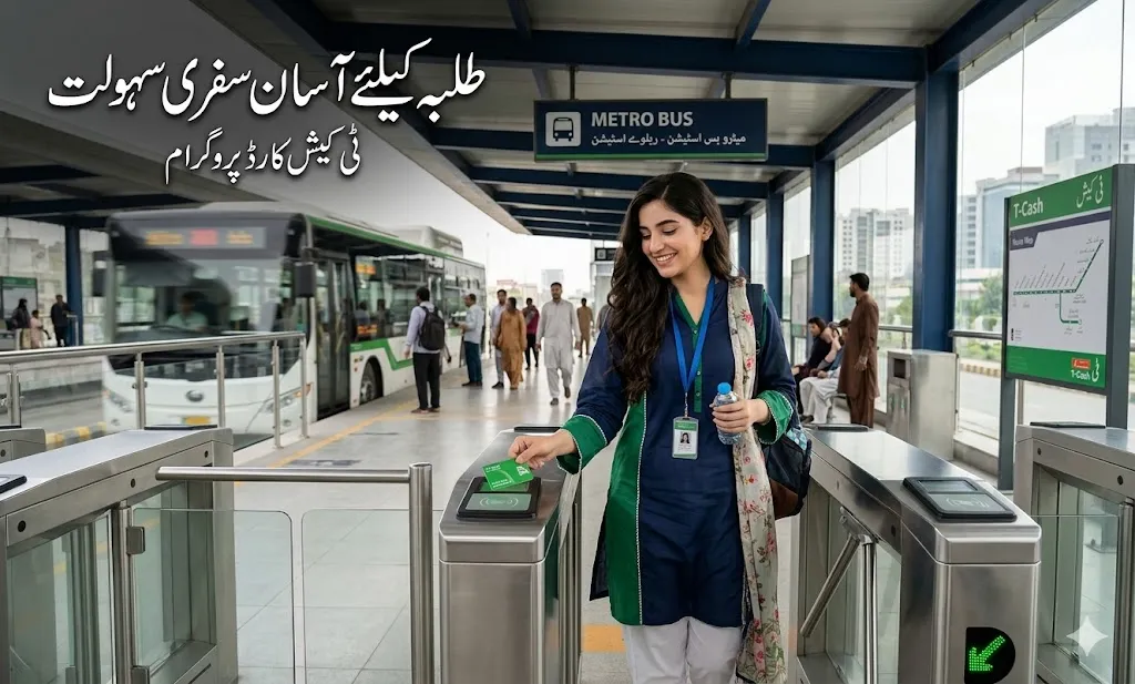 Student tapping T Cash card at metro bus entry gate in Pakistan