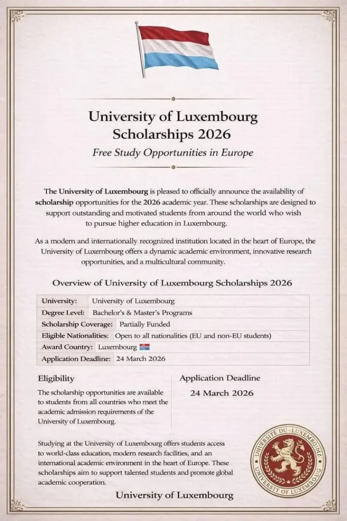 Official announcement poster of University of Luxembourg Scholarships 2026 offering partially funded Bachelor and Master study opportunities in Europe for international students.