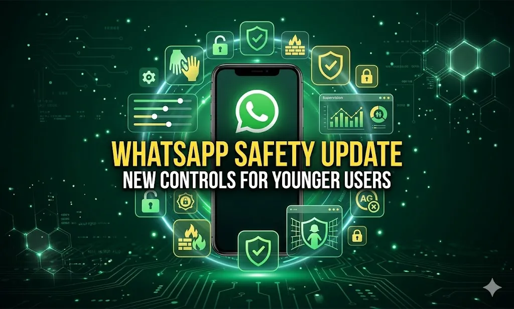 WhatsApp logo on smartphone screen representing new child safety and parental control features.