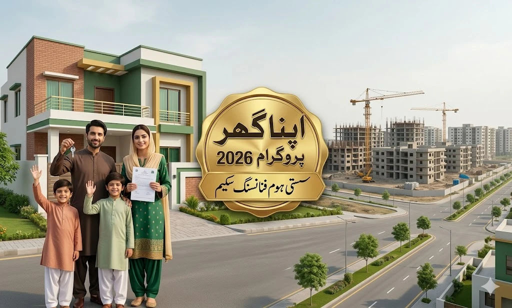 Government housing scheme banner showing Apna Ghar Program 2026 with family and new home with gold center label.