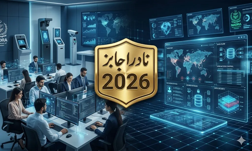 NADRA jobs 2026 technical careers banner showing IT professionals, biometric systems and government recruitment