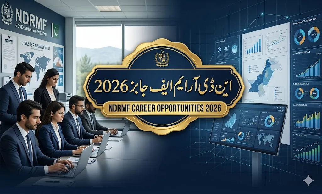 NDRMF jobs 2026 Islamabad recruitment banner showing corporate office environment and government career opportunities.