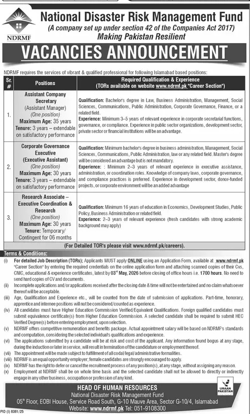 National Disaster Risk Management Fund careers 2026 banner featuring professionals, policy work and governance job roles.