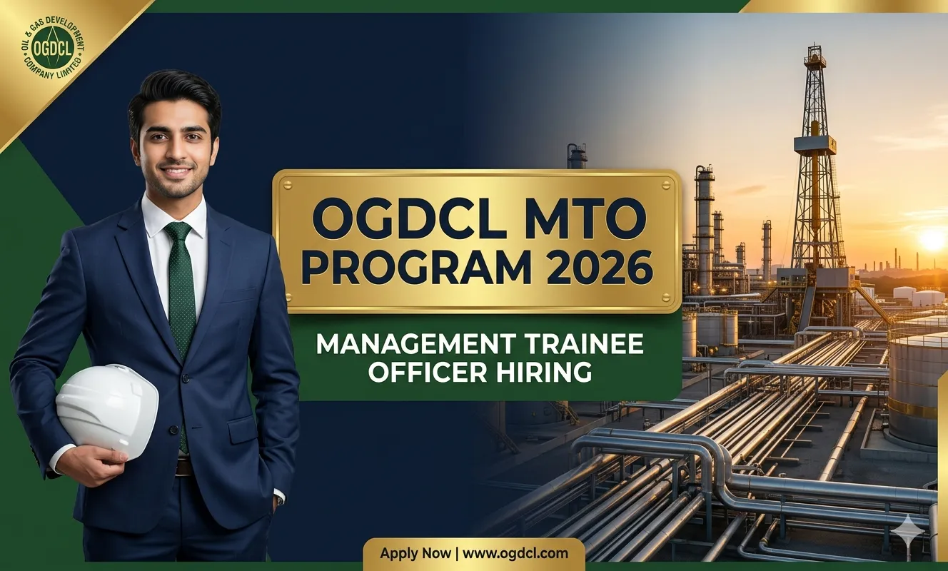 OGDCL MTO 2026 recruitment banner showing energy industry background with gold central label and graduate engineer.