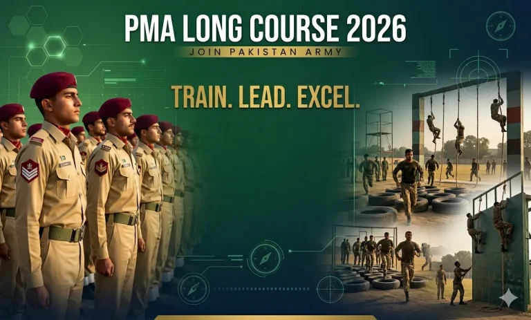 Cadets standing in formation at Pakistan Military Academy Kakul entrance during PMA 158 Long Course selection.