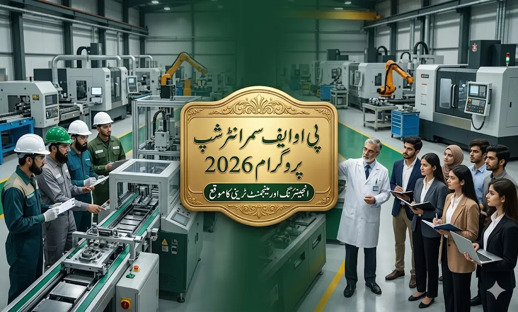 POF Summer Internship 2026 banner showing industrial factory environment with students and gold center label for internship program.