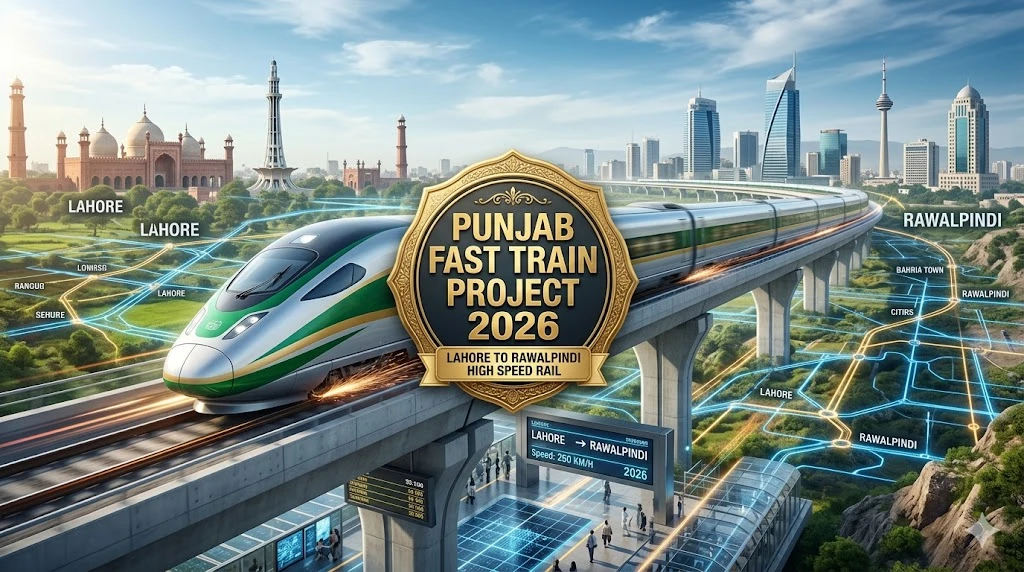 Punjab Fast Train Project 2026 banner showing high-speed train between Lahore and Rawalpindi with gold center label.