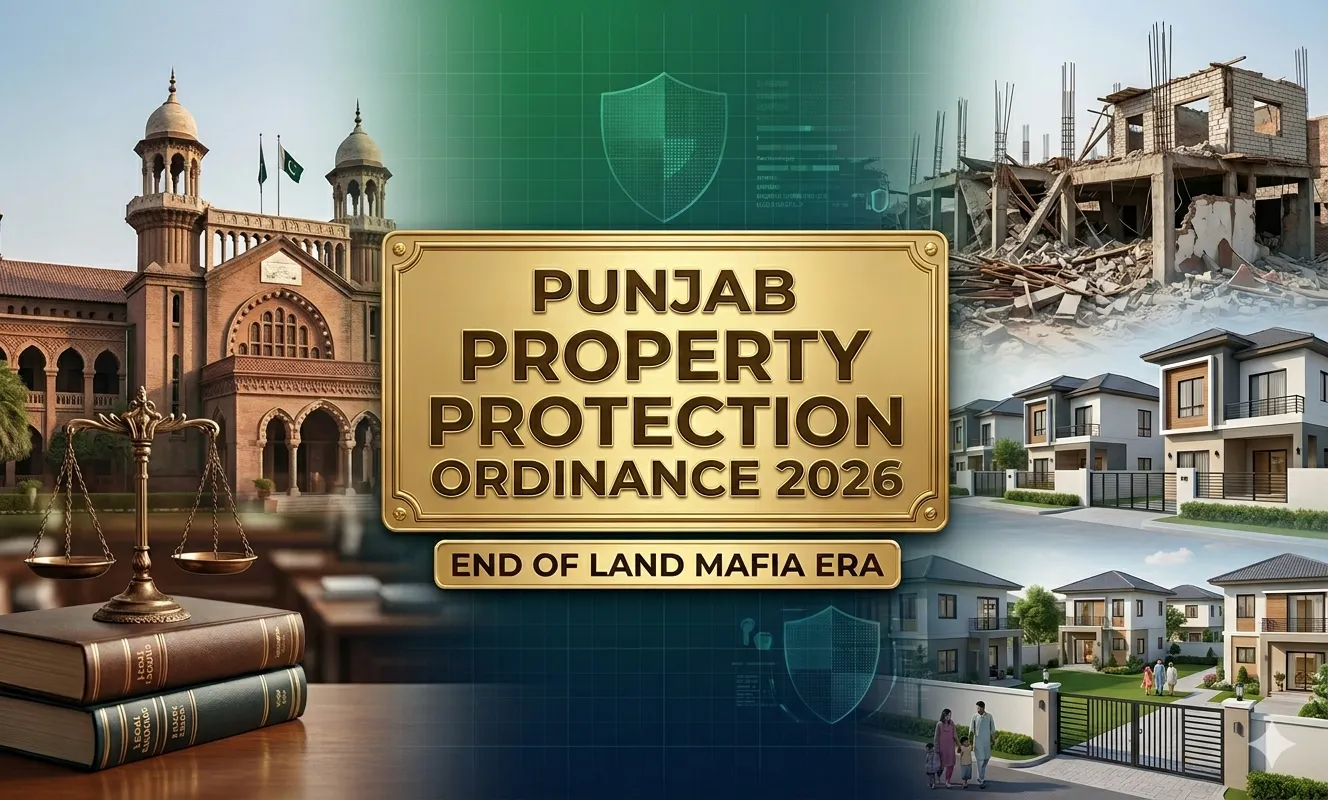 Government legal reform banner showing Punjab property protection ordinance 2025 with courthouse and gold center label.