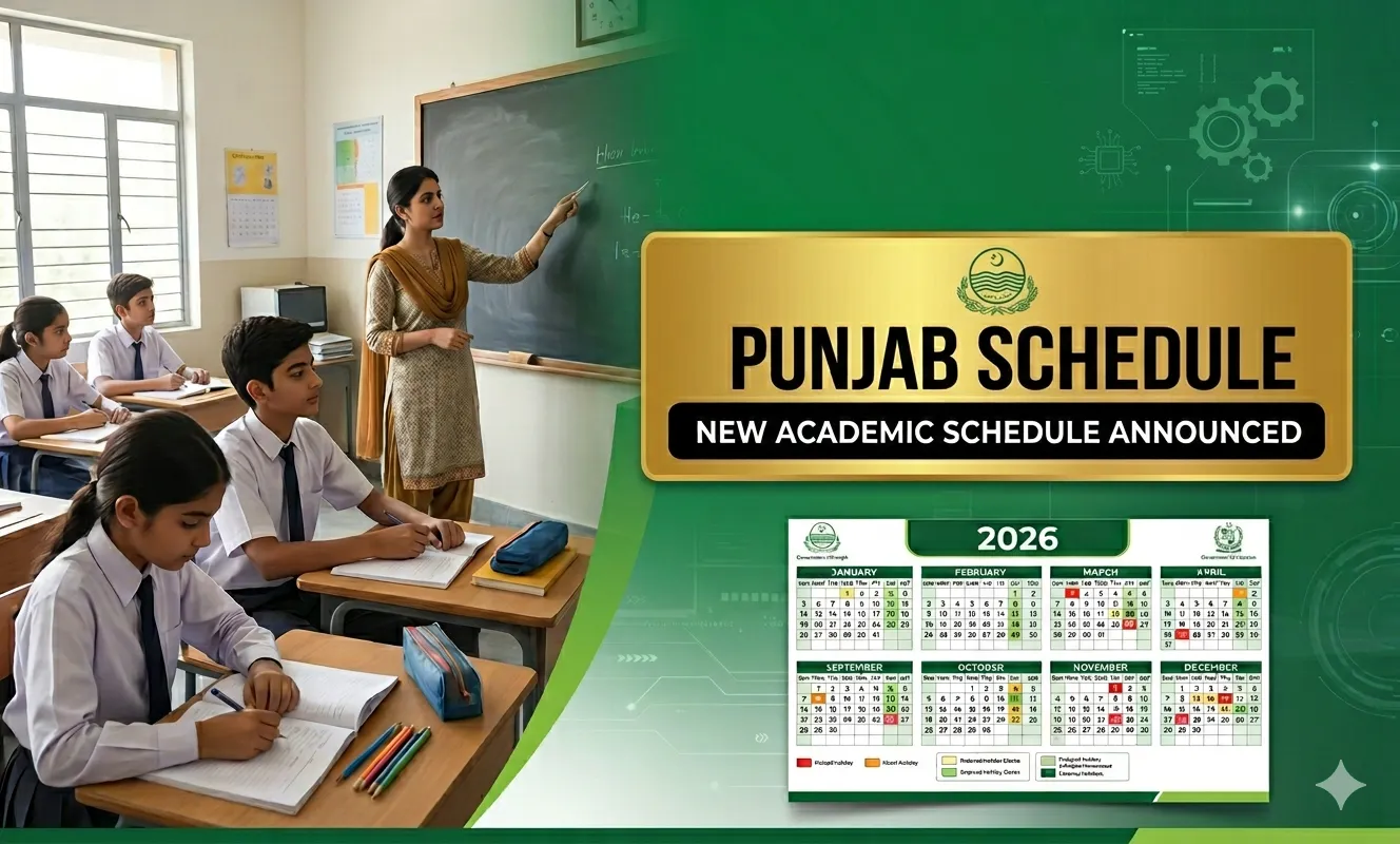Punjab school classroom and academic calendar reform banner showing updated school holiday schedule for 2026.